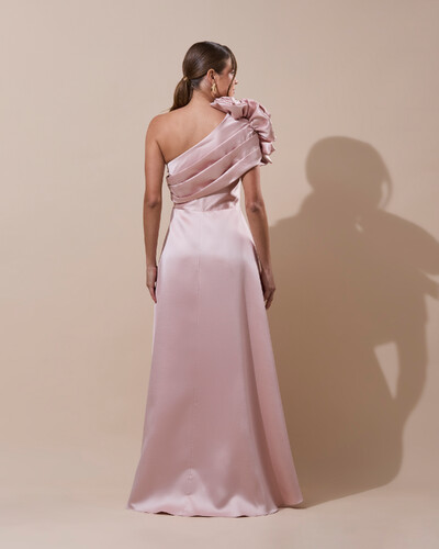 FotoVestido de Festa Longo Zibeline um Ombro Só Flor Drapeado Rosa Nude