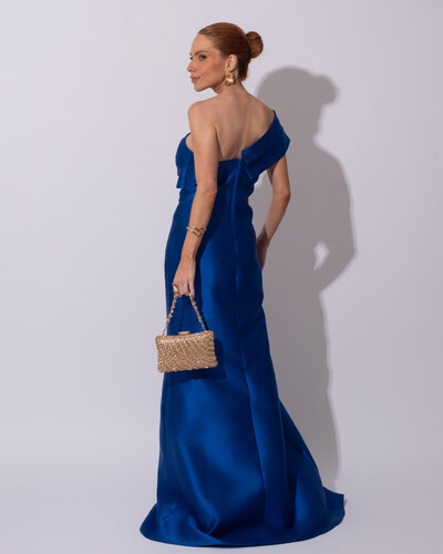 FotoVestido de festa Longo Zibeline Faixa Drapeada Ombro e Fenda Azul Royal