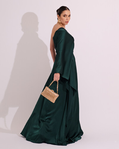 FotoVestido Longo de Cetim Fluido uma Manga e Detalhe Torcido Verde Escuro