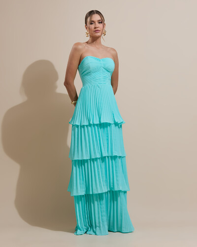 Foto Vestido de Festa Longo Tomara que Caia Crepe Chiffon Plissado Camadas Tiffany