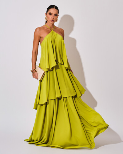 Foto Vestido Longo Crepe Chiffon Babado em Camadas Verde Pistache