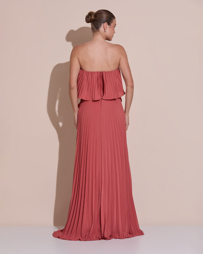 Foto Vestido de Festa Longo Crepe Chiffon Tomara que Caia Plissado com Babado Cascata Terracota