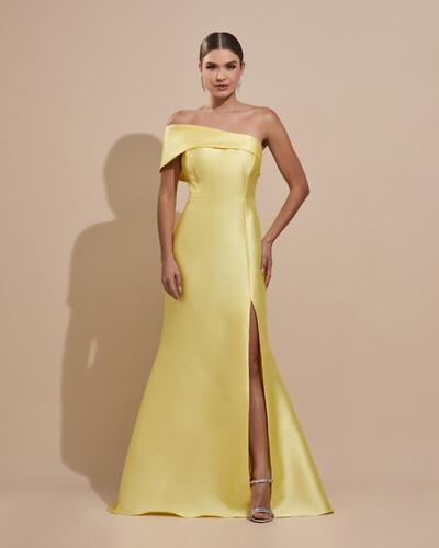 Foto Vestido de Festa Zibeline com Faixa Ombro a Ombro Amarelo Manteiga