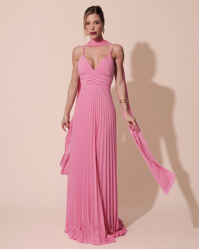 Foto Vestido de Festa Longo Plissado Crepe Chiffon com Alça e Lenço Rosa