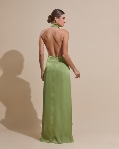 FotoVestido de Festa Longo Cetim Frente Única Degagê com Faixa Drapeada Verde Pistache