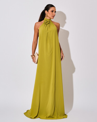 Foto Vestido Longo Crepe Chiffon Frente Única Fluido Flor Removível Verde Lima