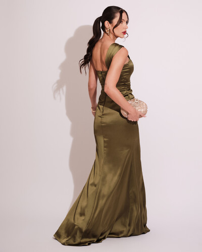 FotoVestido de Festa Longo Cetim Alfaiataria Tomara que Caia Faixa Verde Oliva
