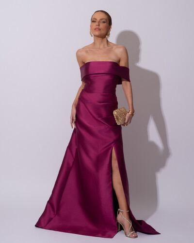 Foto Vestido de Festa Longo Zibeline Ombro a Ombro Drapeado e Fenda Fúcsia