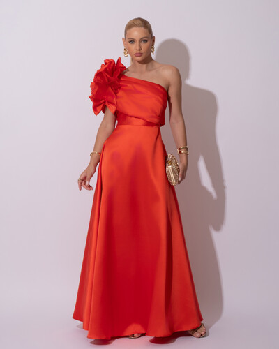 Foto Vestido de Festa Longo Zibeline um Ombro Só Flor Drapeado Laranja