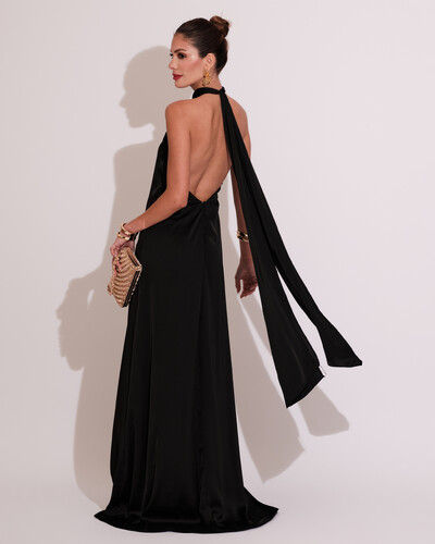 FotoVestido de Festa Gola Alta com Decote nas Costas Acetinado Preto