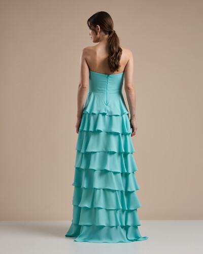 FotoVestido Longo Crepe Chiffon Tomara que Caia Plissado em Camadas Tiffany