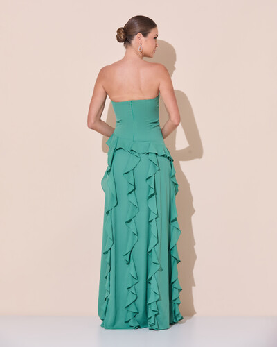 Foto Vestido de festa Longo Tomara que Caia Crepe Chiffon com Babados Cascata e Fenda Verde Matcha Escuro