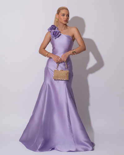 Foto Vestido de Festa Longo Zibeline um Ombro Só Flor Removível Saia Sereia Lilás