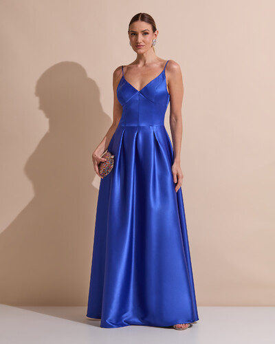 Foto Vestido de Festa Longo Alça Fina Decote V Cetim Saia Evasê Azul Royal