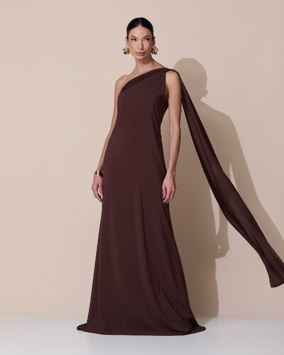 Foto Vestido de Festa Longo Crepe Chiffon Um Ombro Só Drapeado Marrom