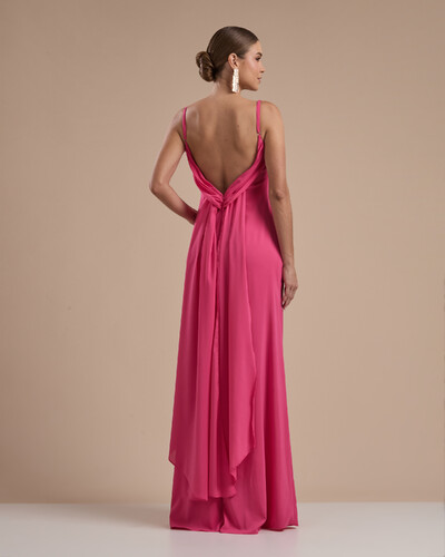 FotoVestido de Festa Longo Crepe Chiffon Costas Lenço Cauda Pink
