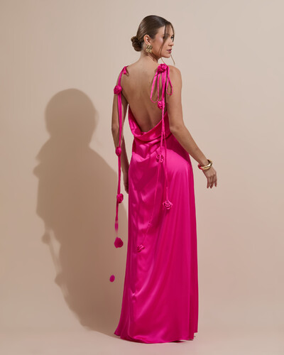 FotoVestido de Festa Longo Decote Degagê Costas Cetim Flores 3D Alças Pink