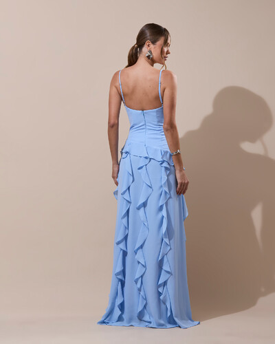 Foto Vestido de Festa Longo Decote V Crepe Chiffon Babados Cascata e Fenda Serenity