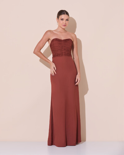 Foto Vestido de Festa Longo Ombro a Ombro Plissado Crepe Chiffon Capa Flor 3D Marrom New