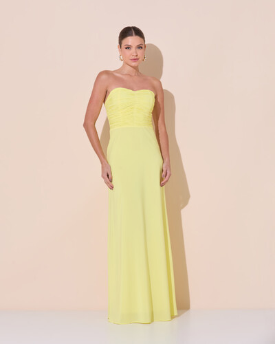 Foto Vestido de Festa Longo Ombro a Ombro Plissado Crepe Chiffon Capa Flor 3D Amarelo Manteiga
