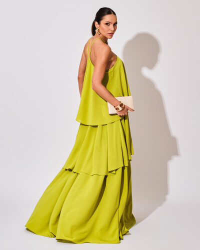FotoVestido Longo Crepe Chiffon Babado em Camadas Verde Pistache