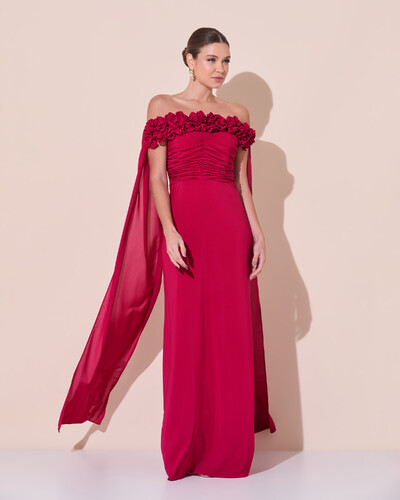 Foto Vestido de Festa Longo Ombro a Ombro Plissado Crepe Chiffon Capa Flor 3D Lenço Cereja