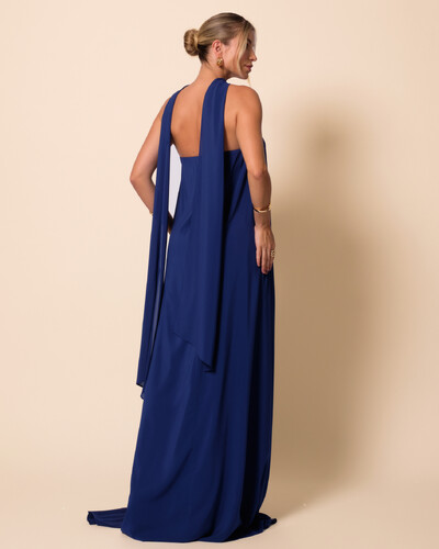 FotoVestido de Festa Longo Crepe Tomara que Caia com Lenço Azul Marinho