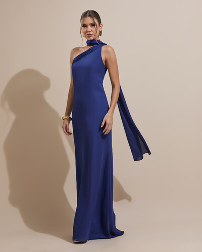 Foto Vestido de Festa Longo Crepe Chiffon Um Ombro Só Drapeado Azul Marinho