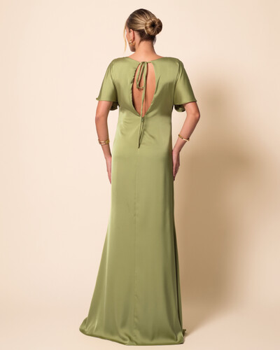 FotoVestido de Festa Longo Cetim Fluido Manga Curta Drapeado Verde Pistache