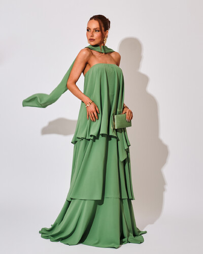 Foto Vestido de Festa Longo Chiffon Crepe em Camadas com Lenço Verde Claro