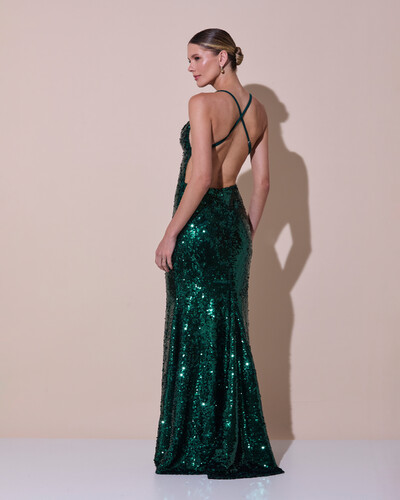 Foto Vestido de Festa Longo Decote V Paetê Alças Finas Saia Sereia Verde Escuro