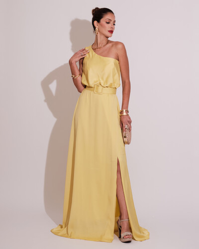 Foto Vestido Longo um Ombro com Busto Blousê e Fenda Amarelo
