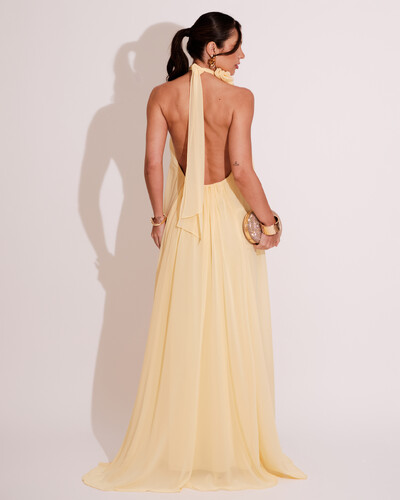 FotoVestido Longo Crepe Frente Única Fluido Flor Removível Amarelo Manteiga