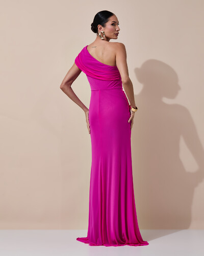 Foto Vestido de Festa Longo Um Ombro Só Tule Drapeado Faixa Pink New