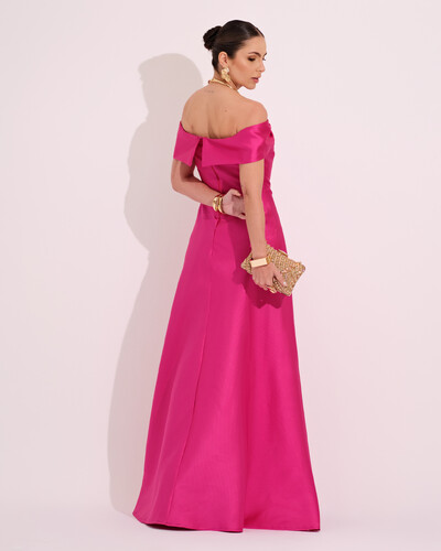 FotoVestido de Festa Longo Ombro a Ombro Laço Zibeline com Fenda Pink