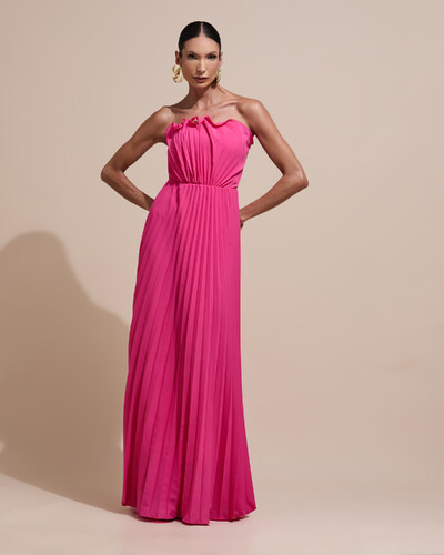 Foto Vestido de Festa Longo Tomara que Caia Plissado Detalhe Pink New