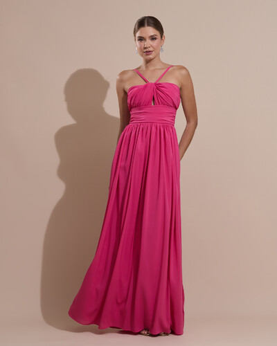 Foto Vestido de Festa Longo Crepe Chiffon Drapeado com Alças Finas Pink New