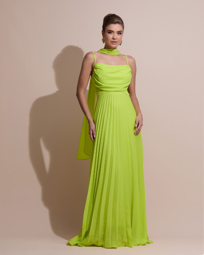 Foto Vestido de Festa Longo Crepe Chiffon Plissado Trançado e Lenço Verde Lima