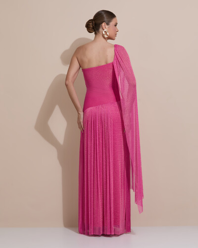 Foto Vestido de Festa Longo Um ombro Só Tule Brilho Drapeado Capa Pink