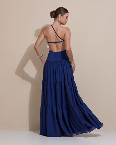 Foto Vestido de Festa Longo Um ombro Só Crepe Chiffon Saia Fluida Azul Marinho