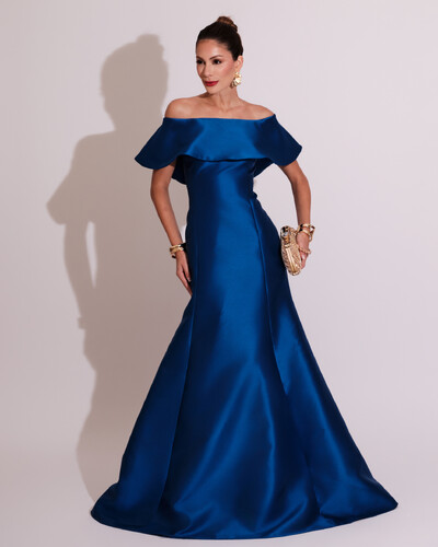 Foto Vestido de Festa Longo Ombro a Ombro Zibeline com Babado Azul Royal