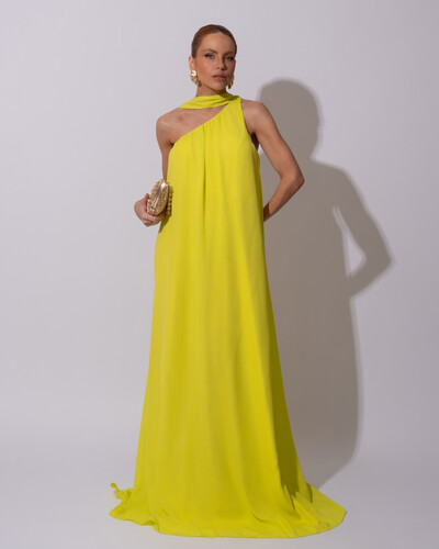 Foto Vestido de Festa Longo Crepe Fluido um Ombro Só com Lenço Verde Lima