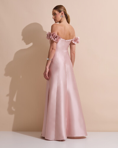 Foto Vestido Longo de Festa Zibeline Ombro a Ombro com Flores e Fenda Rosa Nude