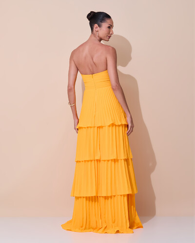 Foto Vestido de Festa Longo Tomara que Caia Crepe Chiffon Plissado Camadas Laranja Manga New