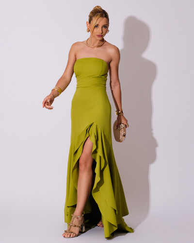 Foto Vestido Longo com Fenda de Babados Alfaiataria Verde Pistache