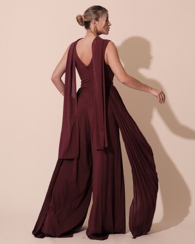 FotoMacacão de Festa Longo Crepe Pantalona Plissado e Lenço Marsala