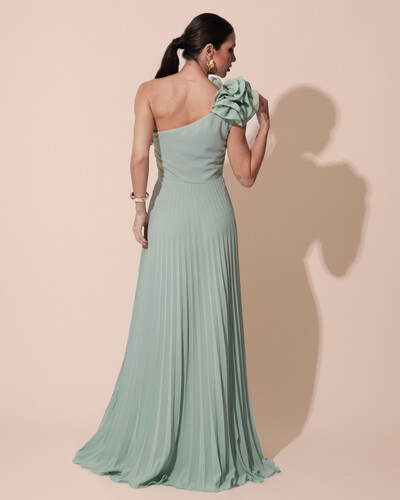 FotoVestido de Festa um Ombro Só Flor Saia Plissado Verde Menta