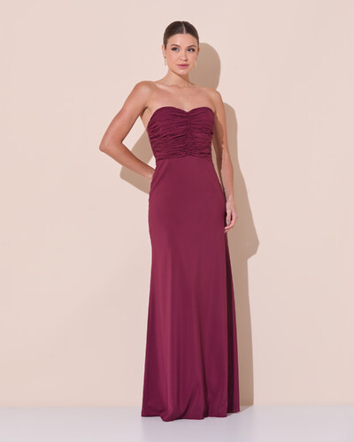 Foto Vestido de Festa Longo Ombro a Ombro Plissado Crepe Chiffon Capa Flor 3D Marsala