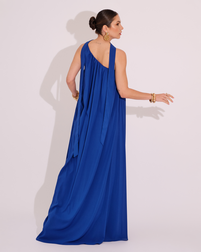 FotoVestido de Festa Longo Crepe Fluido um Ombro Só com Lenço Azul Royal
