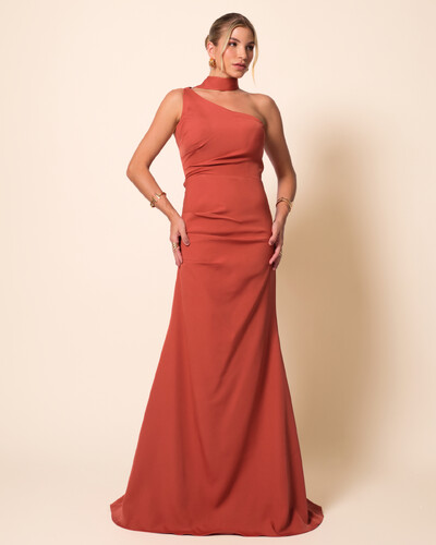 Foto Vestido de Festa Longo Alafataria Um Ombro Só Detalhe Drapeado Terracota